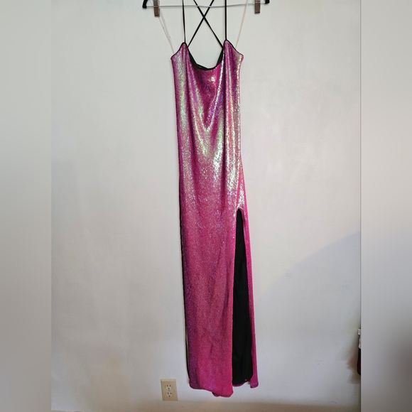 Lulu's Glam Diva Iridescent Hot Pink Sequin Lace-Up Maxi Dress - Picture 3 of 9